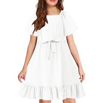 Arshiner Girls Dresses Kids Summer Square Neck Ruffle Hem Belted Dress with Pockets for 5-12 Years
