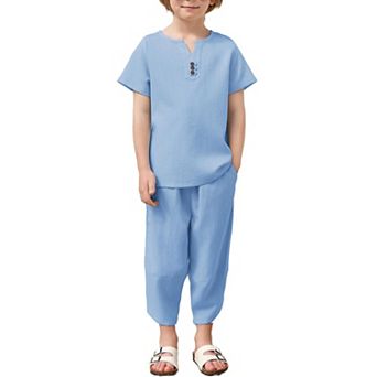 Arshiner Boys Pieces Cotton Linen Set Henley Shirt Short Sleeve And Harem Capri Pants Wide Leg