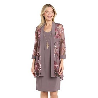 Petite R&M Richards Sheer Floral Sequin Jacket Dress with Necklace