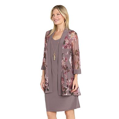 Petite R&M Richards Sheer Floral Sequin Jacket Dress with Necklace