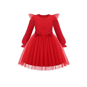 Arshiner Toddler Girls Tulle Dresses With Bow Tie Fall Winter Long Sleeve Formal Party Dress