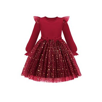 Arshiner Toddler Girls Tulle Dresses With Bow Tie Fall Winter Long Sleeve Formal Party Dress
