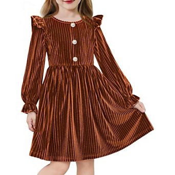 Arshiner Toddler Girls Long Sleeve Velvet Dress Ruffled Crew Neck Midi Aline Fall Vintage Dress