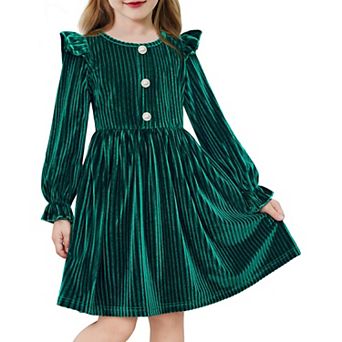 Arshiner Toddler Girls Long Sleeve Velvet Dress Ruffled Crew Neck Midi Aline Fall Vintage Dress