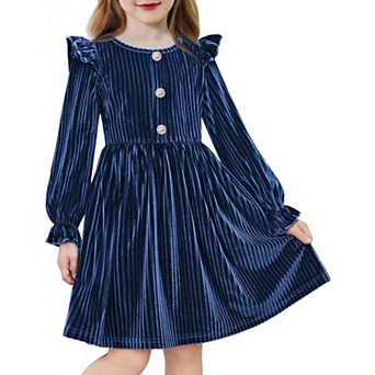 Arshiner Toddler Girls Long Sleeve Velvet Dress Ruffled Crew Neck Midi Aline Fall Vintage Dress