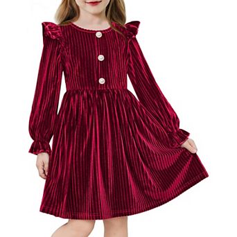 Arshiner Toddler Girls Long Sleeve Velvet Dress Ruffled Crew Neck Midi Aline Fall Vintage Dress