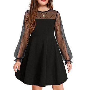 Arshiner Girls Contrast Mesh Puff Long Sleeve High Waist Aline Short Dress With Pockets