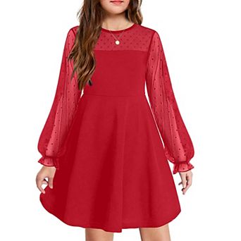 Arshiner Girls Contrast Mesh Puff Long Sleeve High Waist Aline Short Dress With Pockets