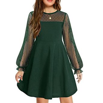Arshiner Girls Contrast Mesh Puff Long Sleeve High Waist Aline Short Dress With Pockets