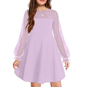 Arshiner Girls Contrast Mesh Puff Long Sleeve High Waist Aline Short Dress With Pockets