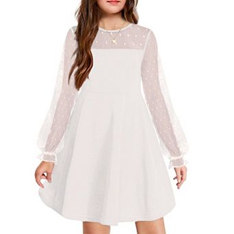 Arshiner Girls Contrast Mesh Puff Long Sleeve High Waist Aline Short Dress With Pockets