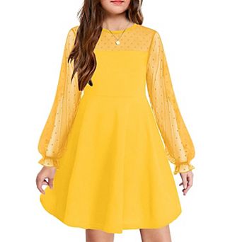 Arshiner Girls Contrast Mesh Puff Long Sleeve High Waist Aline Short Dress With Pockets