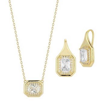 Sunkissed Sterling Plated Sterling Silver Cubic Zirconia Radiant Halo Necklace & Earring Set
