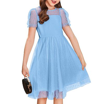 short puffy dresses casual Women Summer Dresses Casual Puff Sleeve Swing A Line Short Dress Pleated  Dress