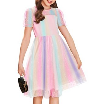 Arshiner Girls Dress Contrast Mesh Puffy Short Sleeve Aline Casual Party Dress