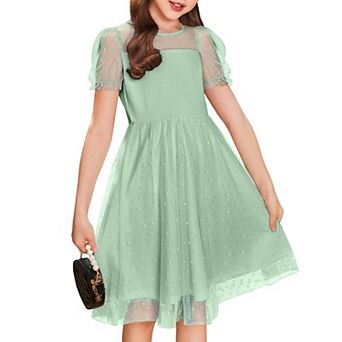 Arshiner Girls Dress Contrast Mesh Puffy Short Sleeve Aline Casual Party Dress