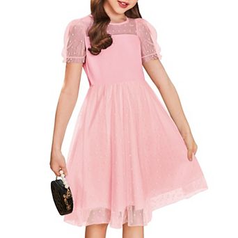 Arshiner Girls Dress Contrast Mesh Puffy Short Sleeve Aline Casual Party Dress