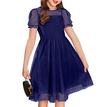 Arshiner Girls Dress Contrast Mesh Puffy Short Sleeve Aline Casual Party Dress
