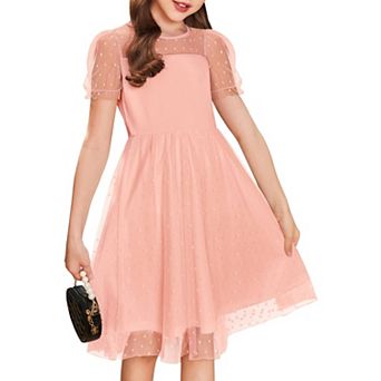 Arshiner Girls Dress Contrast Mesh Puffy Short Sleeve Aline Casual Party Dress