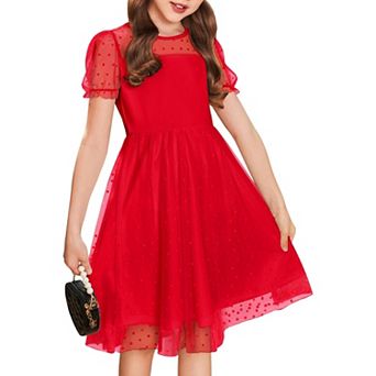 Arshiner Girls Dress Contrast Mesh Puffy Short Sleeve Aline Casual Party Dress