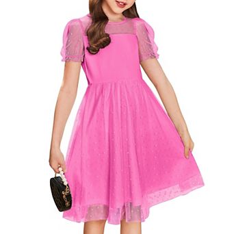 Arshiner Girls Dress Contrast Mesh Puffy Short Sleeve Aline Casual Party Dress