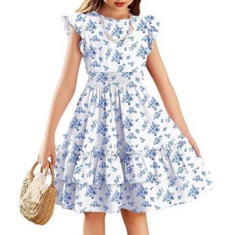 Arshiner Girls Dresses Flutter Sleeve Aline Sundress Casual Summer Tiered Swing Midi Pocket Dress