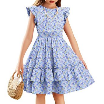 Arshiner Girls Dresses Flutter Sleeve Aline Sundress Casual Summer Tiered Swing Midi Pocket Dress
