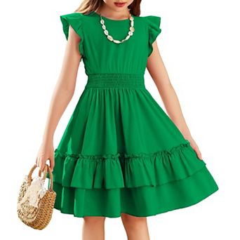 Arshiner Girls Dresses Flutter Sleeve Aline Sundress Casual Summer Tiered Swing Midi Pocket Dress