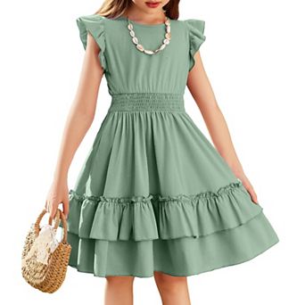 Arshiner Girls Dresses Flutter Sleeve Aline Sundress Casual Summer Tiered Swing Midi Pocket Dress
