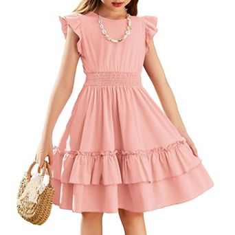 Arshiner Girls Dresses Flutter Sleeve Aline Sundress Casual Summer Tiered Swing Midi Pocket Dress