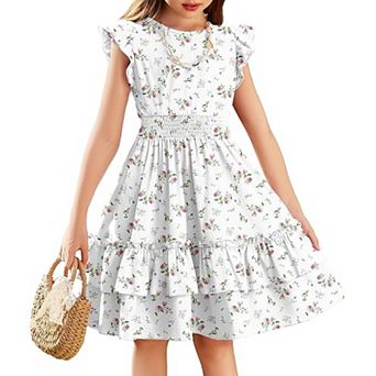 Arshiner Girls Dresses Flutter Sleeve Aline Sundress Casual Summer Tiered Swing Midi Pocket Dress