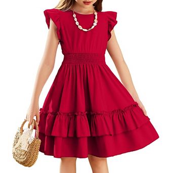 Arshiner Girls Dresses Flutter Sleeve Aline Sundress Casual Summer Tiered Swing Midi Pocket Dress