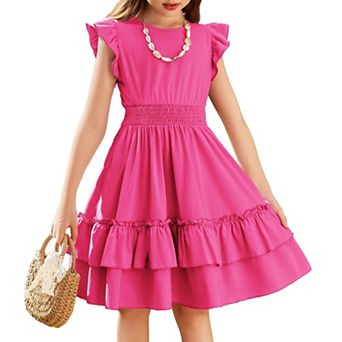 Arshiner Girls Dresses Flutter Sleeve Aline Sundress Casual Summer Tiered Swing Midi Pocket Dress