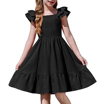 Arshiner Girls Dresses Double Pleated Sleeve Square Neck Off Shoulder With Pockets Tween Sundress