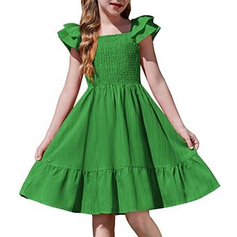 Arshiner Girls Dresses Double Pleated Sleeve Square Neck Off Shoulder With Pockets Tween Sundress
