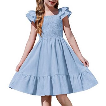 Arshiner Girls Dresses Double Pleated Sleeve Square Neck Off Shoulder With Pockets Tween Sundress