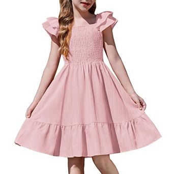 Arshiner Girls Dresses Double Pleated Sleeve Square Neck Off Shoulder With Pockets Tween Sundress