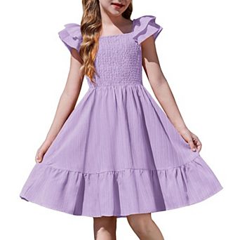 Arshiner Girls Dresses Double Pleated Sleeve Square Neck Off Shoulder With Pockets Tween Sundress
