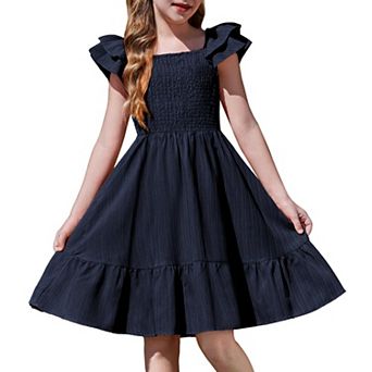 Arshiner Girls Dresses Double Pleated Sleeve Square Neck Off Shoulder With Pockets Tween Sundress