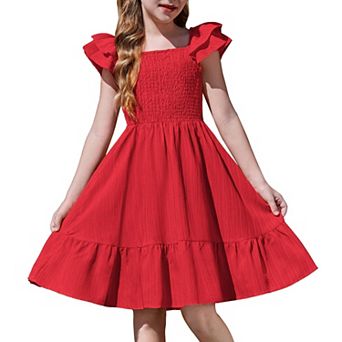Arshiner Girls Dresses Double Pleated Sleeve Square Neck Off Shoulder With Pockets Tween Sundress