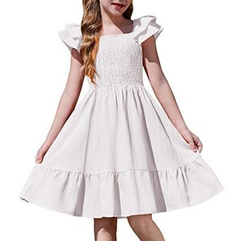 Arshiner Girls Dresses Double Pleated Sleeve Square Neck Off Shoulder With Pockets Tween Sundress