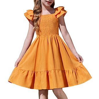 Arshiner Girls Dresses Double Pleated Sleeve Square Neck Off Shoulder With Pockets Tween Sundress
