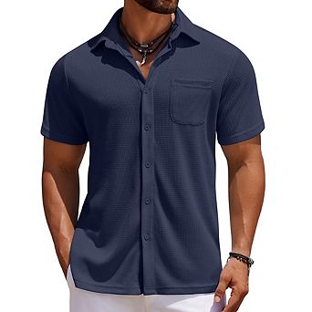 Men's Waffle Knit Short Sleeve Button Down Shirt Casual Camp Collar Summer Shirt with Pocket