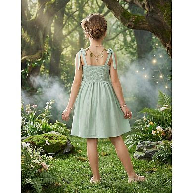 Arshiner Girls Dresses Ruched Smocked Back Spaghetti Strap Bow Summer Boho Beach Party Sundress