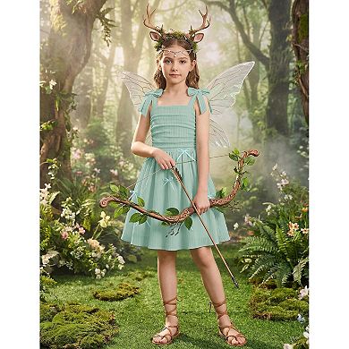 Arshiner Girls Dresses Ruched Smocked Back Spaghetti Strap Bow Summer Boho Beach Party Sundress
