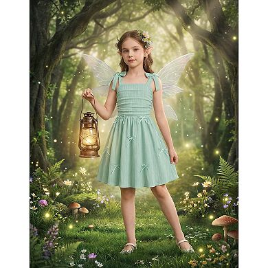 Arshiner Girls Dresses Ruched Smocked Back Spaghetti Strap Bow Summer Boho Beach Party Sundress