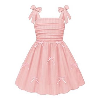 Arshiner Girls Dresses Ruched Smocked Back Spaghetti Strap Bow Summer Boho Beach Party Sundress