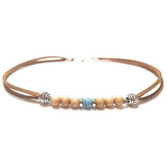10 Inch Blue Turquoise Wood Bead Leather Micro Suede Ankle Bracelet Gift Boxed Boho Casual Anklet
