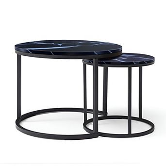 Round Nesting Coffee Table Set of 2 Black Metal Frame Tables for Living Room