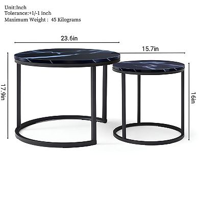Round Nesting Coffee Table Set of 2 Black Metal Frame Tables for Living Room